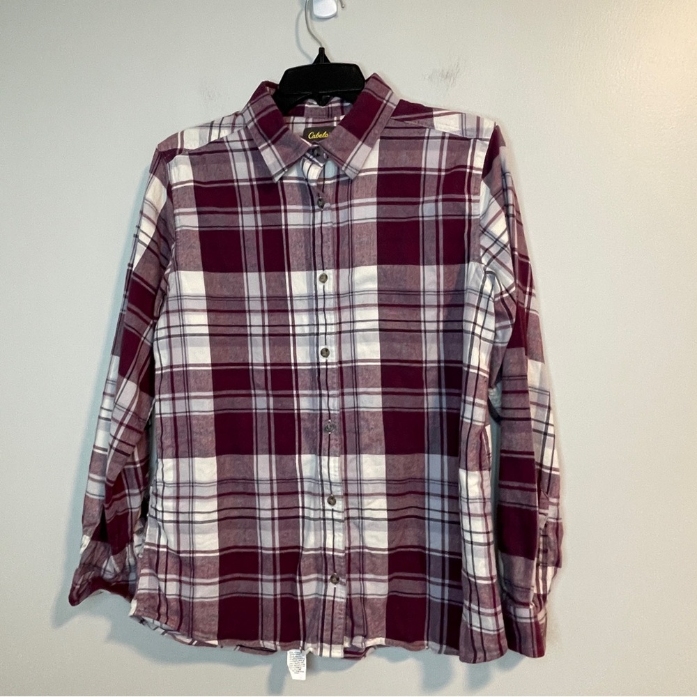 Cable as Burgundy and White Plaid Flannel  Button Down Shirt